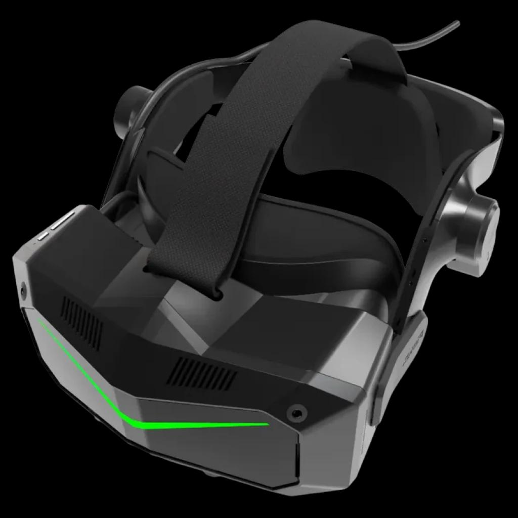 Pimax Crystal Super com design robusto em preto, faixa ajustável e LED verde frontal; visor VR para PC com lentes grandes e acabamento angular moderno