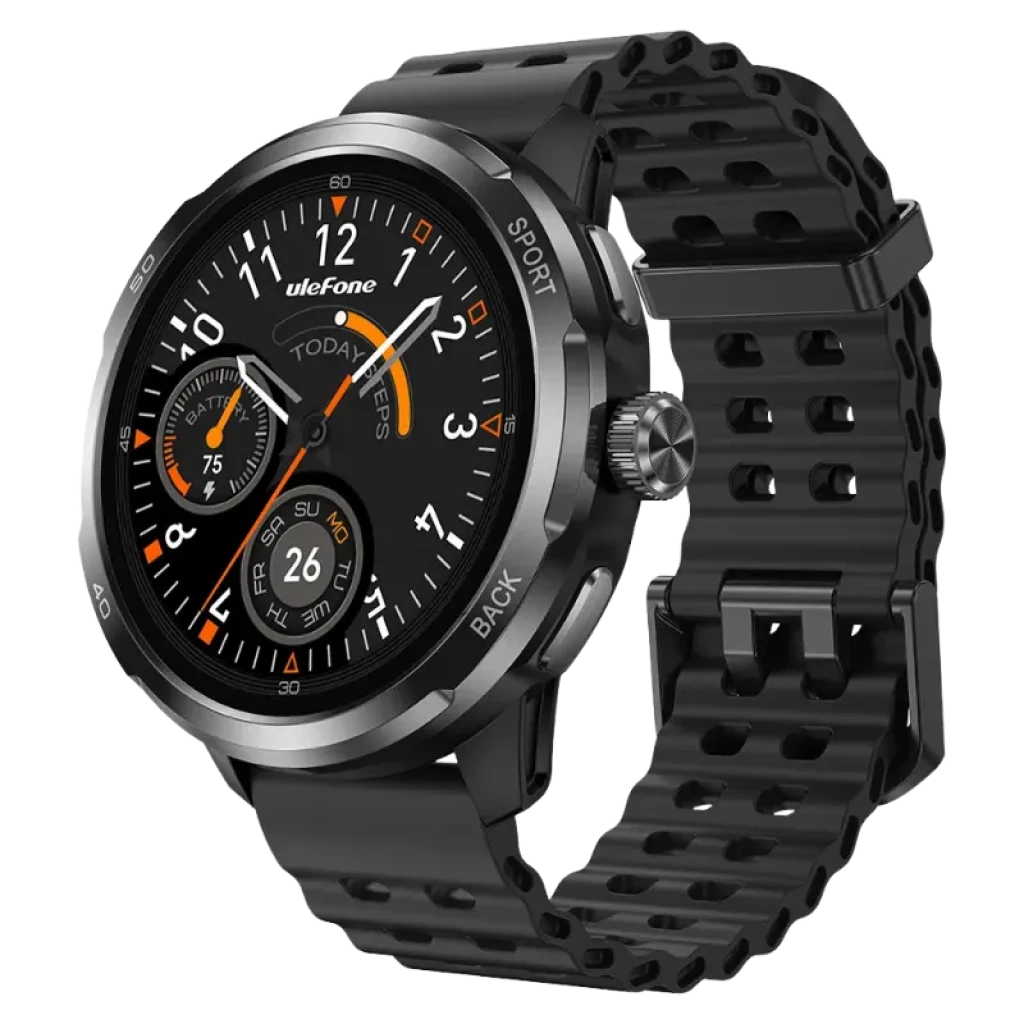 Ulefone Armor Watch Pro Noir avec écran AMOLED 1,50 pouces, lunette métallique, bracelet noir résistant, cadran analogique numérique avec accents orange