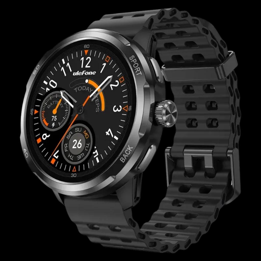 Ulefone Armor Watch Pro Noir avec écran AMOLED 1,50 pouces, lunette métallique, bracelet noir résistant, cadran analogique numérique avec accents orange