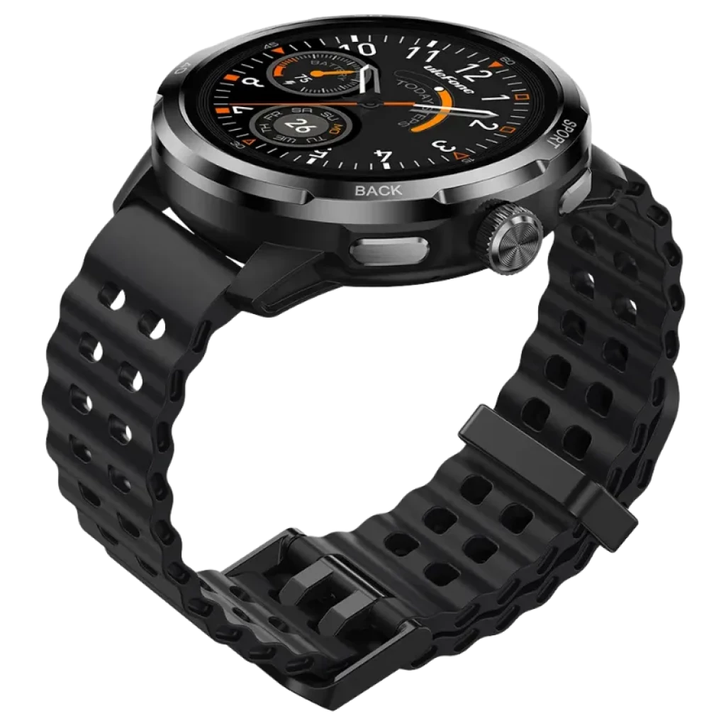 Montre Ulefone Armor Watch Pro noire, boîtier métal, écran AMOLED 1,50 pouce, cadran noir accents orange, lunette graduée, boutons latéraux, bracelet