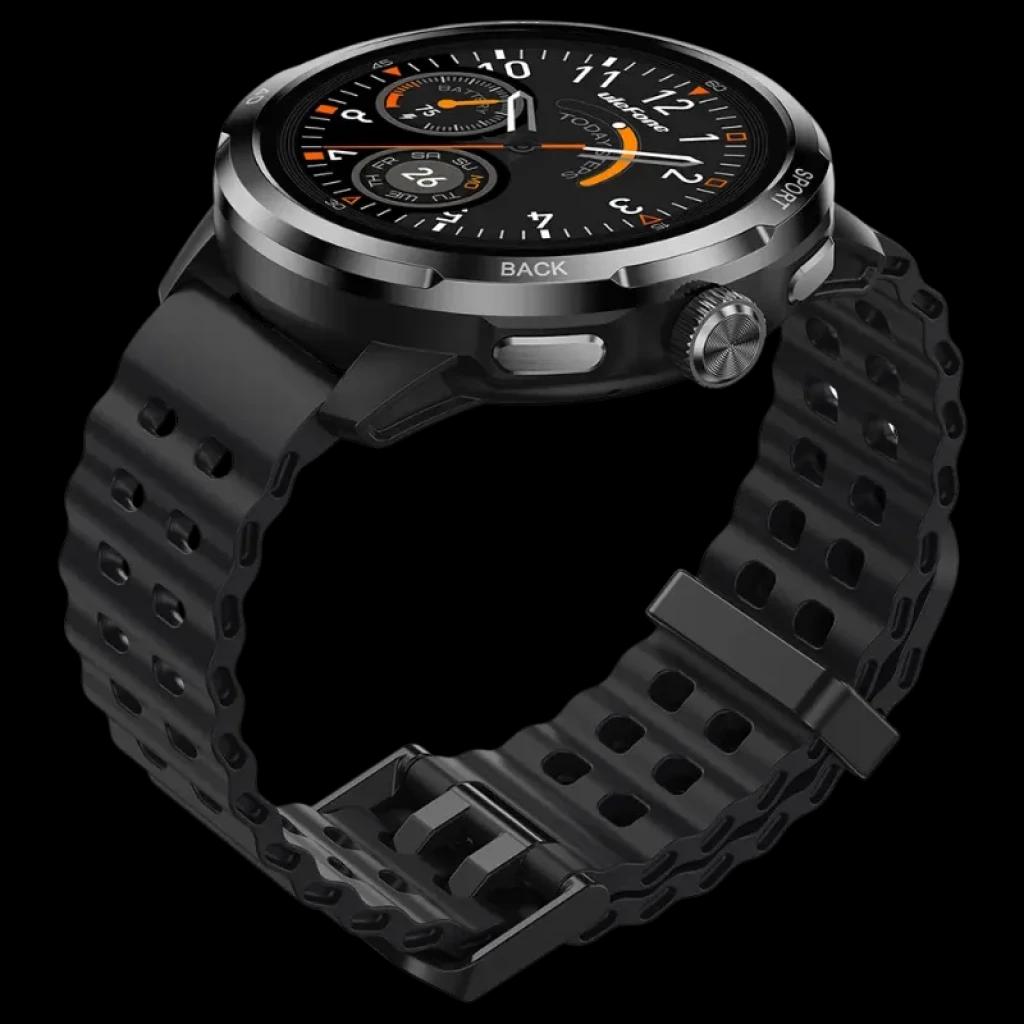 Montre Ulefone Armor Watch Pro noire, boîtier métal, écran AMOLED 1,50 pouce, cadran noir accents orange, lunette graduée, boutons latéraux, bracelet