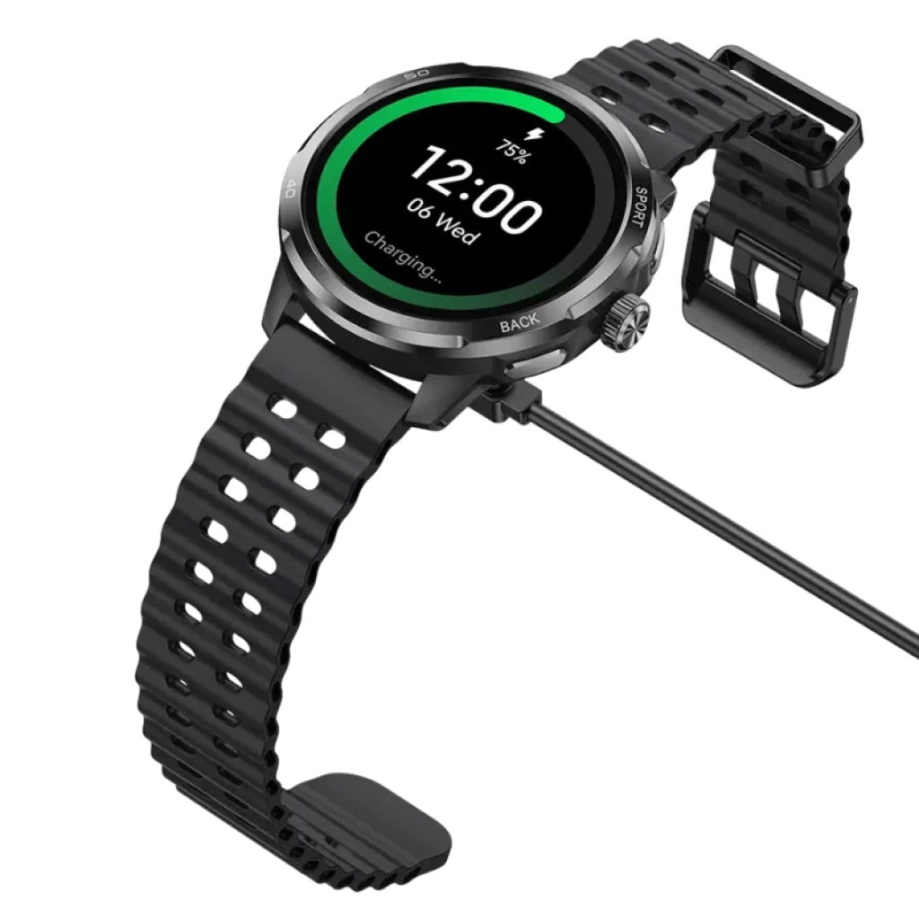 Ulefone Armor Watch Pro Noir avec écran AMOLED 1,50 pouce, boîtier robuste, lunette métallique, bracelet perforé noir, affichage charge et GPS intégré