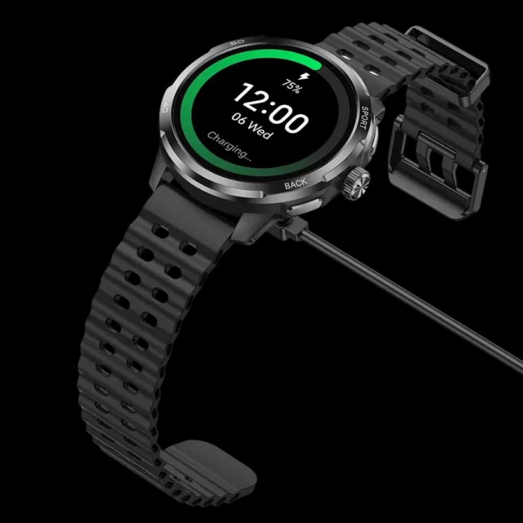 Ulefone Armor Watch Pro Noir avec écran AMOLED 1,50 pouce, boîtier robuste, lunette métallique, bracelet perforé noir, affichage charge et GPS intégré