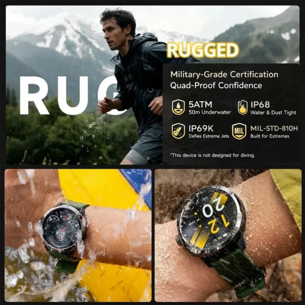 Ulefone Armor Watch Pro Noir robuste avec écran AMOLED 1,50 po, boîtier résistant, GPS intégré, étanchéité 5ATM IP68 IP69K, bracelets verts sportifs