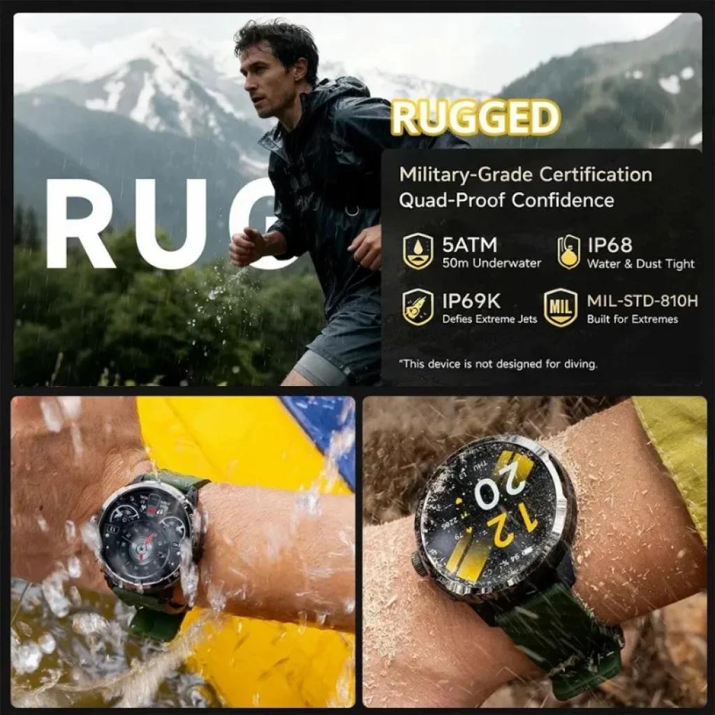 Ulefone Armor Watch Pro Noir robuste avec écran AMOLED 1,50 po, boîtier résistant, GPS intégré, étanchéité 5ATM IP68 IP69K, bracelets verts sportifs