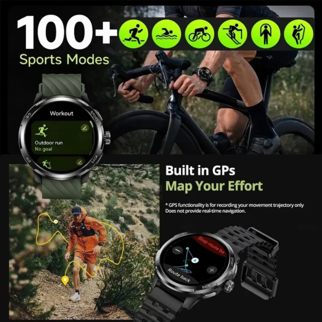 Ulefone Armor Watch Pro noire, boîtier robuste, écran AMOLED 1,50 pouce, bracelet silicone noir, cadran rond, boutons latéraux, interface sport et GPS