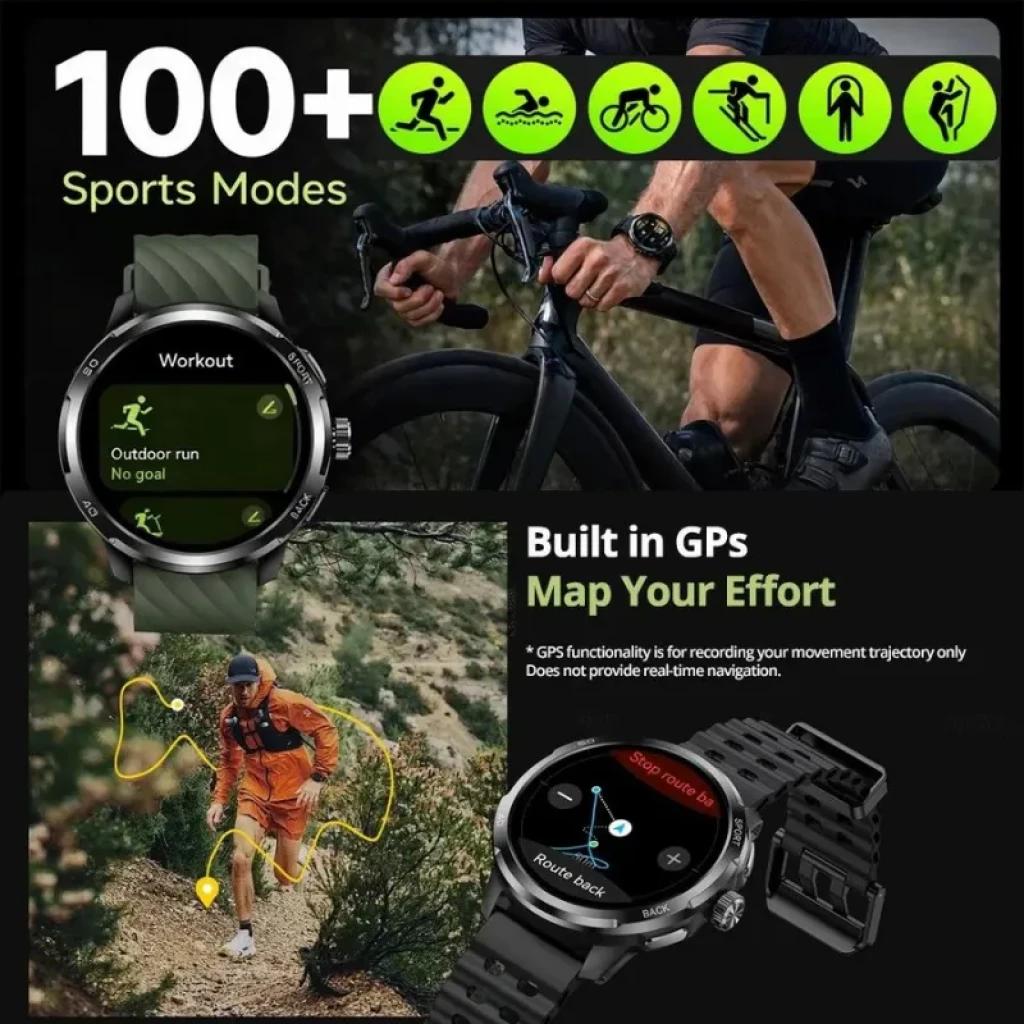 Ulefone Armor Watch Pro noire, boîtier robuste, écran AMOLED 1,50 pouce, bracelet silicone noir, cadran rond, boutons latéraux, interface sport et GPS