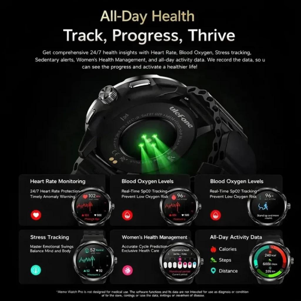 Ulefone Armor Watch Pro noire avec boîtier robuste, capteur cardio optique vert actif, écran AMOLED 1,50 pouce, interface fitness et suivi GPS intégré