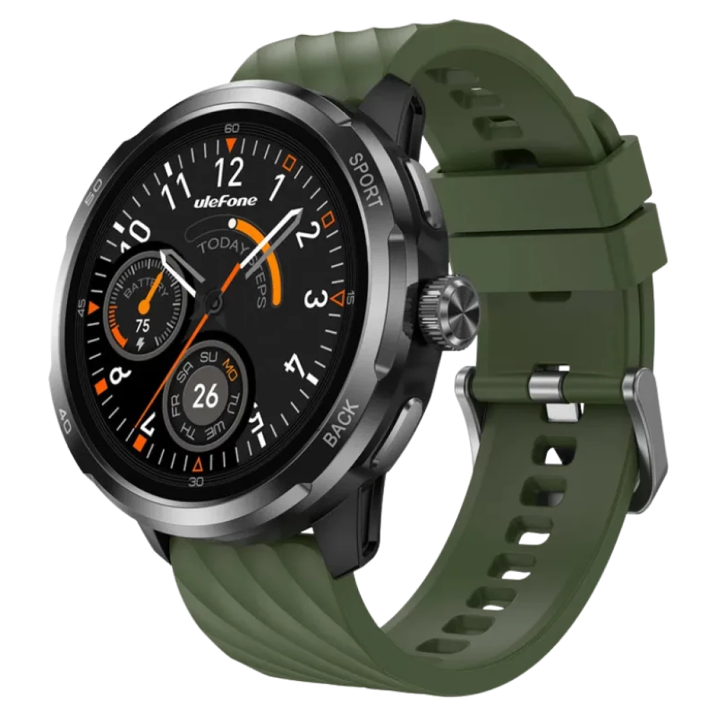 Ulefone Armor Watch Pro Vert avec boîtier métallique robuste, lunette noire, bracelet en silicone vert, cadran analogique-numérique noir avec accents orange