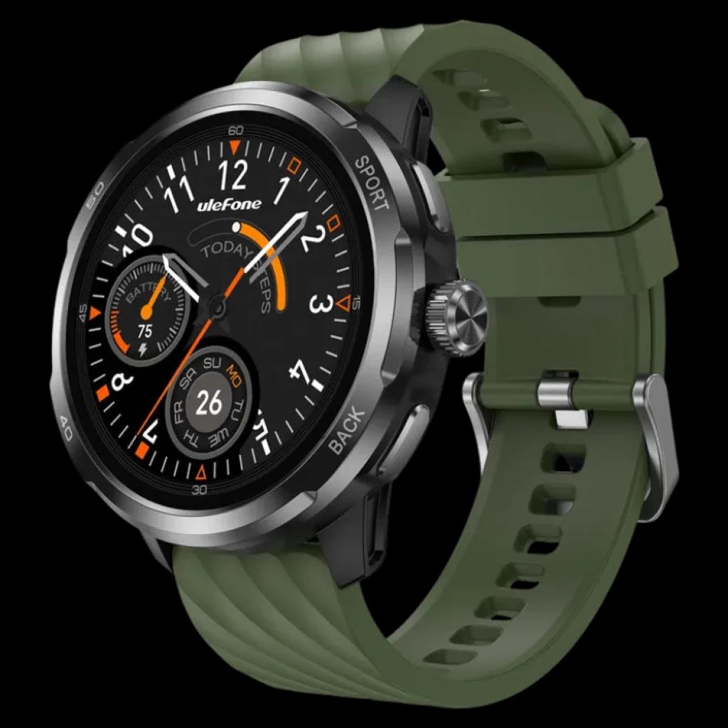 Ulefone Armor Watch Pro Vert avec boîtier métallique robuste, lunette noire, bracelet en silicone vert, cadran analogique-numérique noir avec accents orange