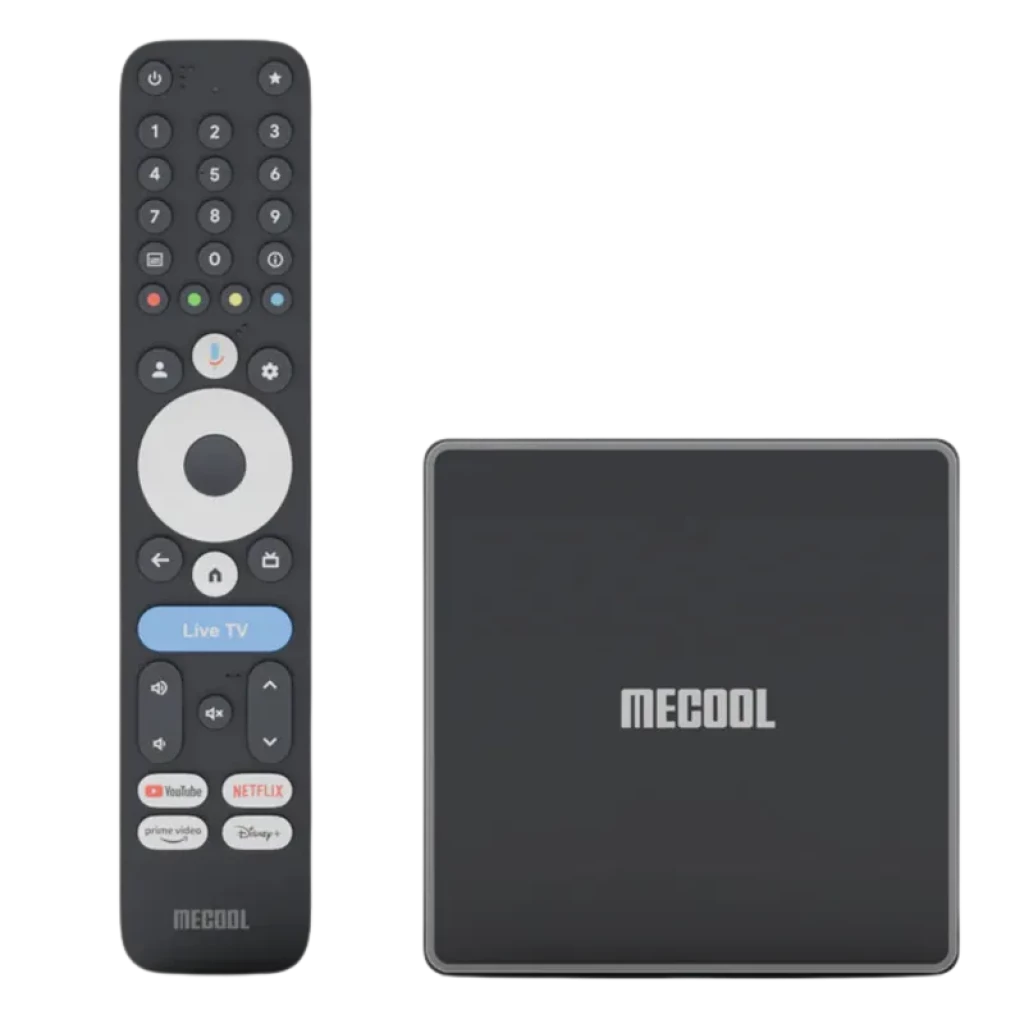 Controle remoto MECOOL com teclas dedicadas Netflix Prime Video Disney Plus ao lado de box compacto preto MECOOL GTV 4K com logotipo central