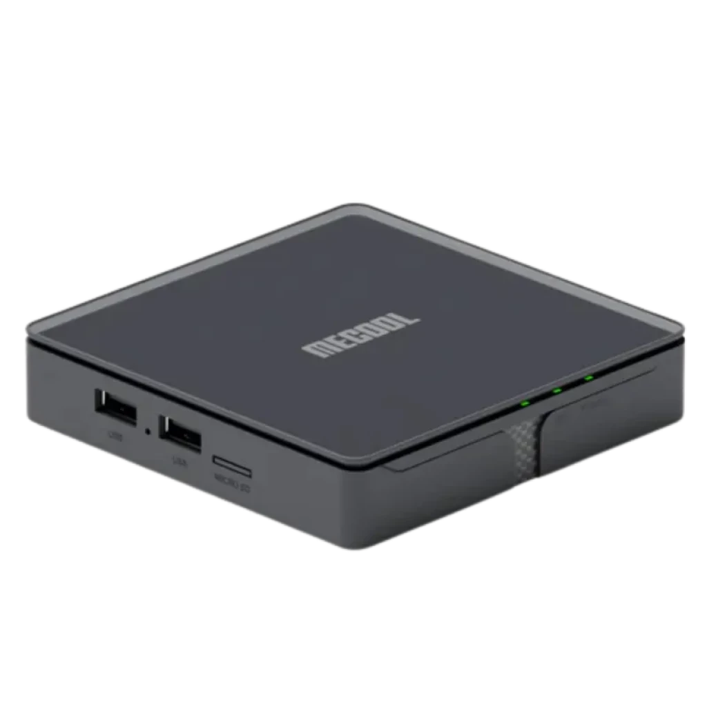 MECOOL MEon1 GTV 4K compacto em preto, LEDs frontais verdes, portas USB duplas e slot microSD; suporte Wi‑Fi 6 e streaming Netflix, Prime Video e Disney+