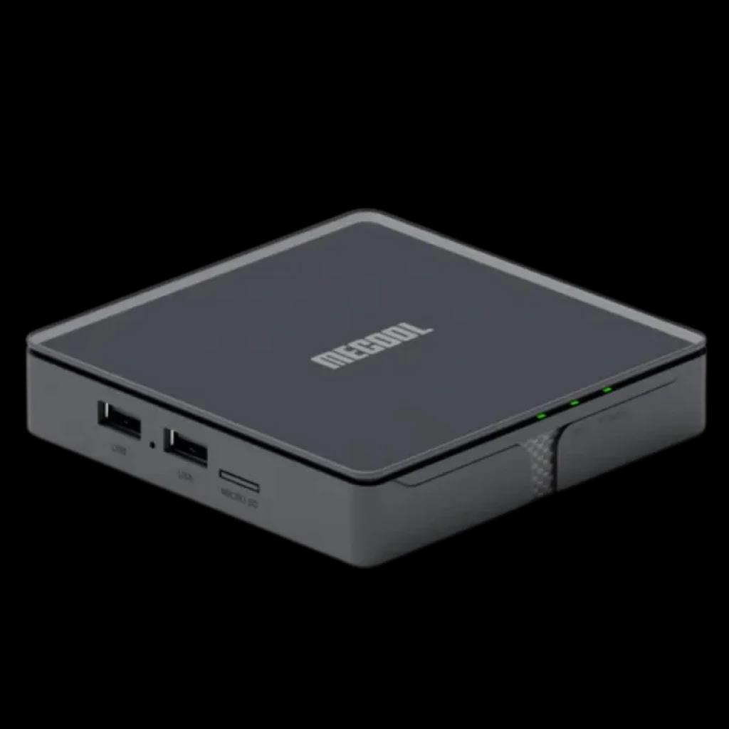 MECOOL MEon1 GTV 4K compacto em preto, LEDs frontais verdes, portas USB duplas e slot microSD; suporte Wi‑Fi 6 e streaming Netflix, Prime Video e Disney+