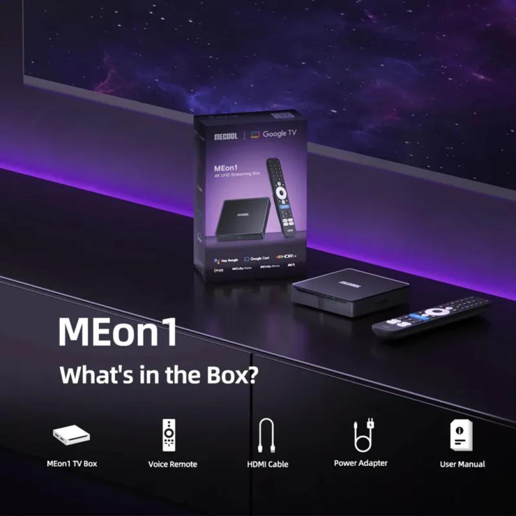MECOOL MEon1 GTV 4K com controle por voz, WiFi 6, suporte a Netflix, Prime Video e Disney+, inclui TV box, controle remoto, cabo HDMI e fonte