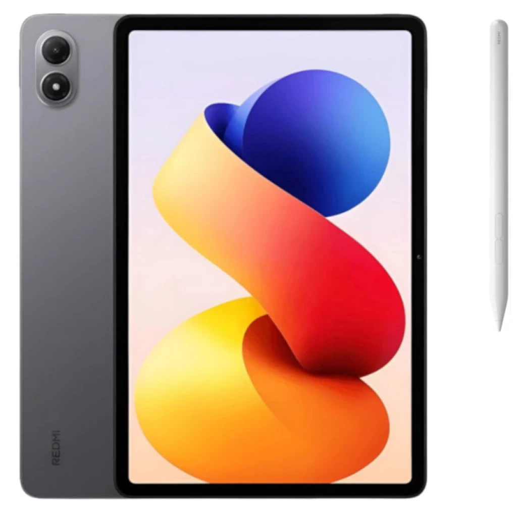 Tablet cinza Redmi Pad 2 Pro 12,1 pol com molduras finas, duas câmeras traseiras, tela ampla colorida e caneta Redmi Smart Pen Graphite ao lado