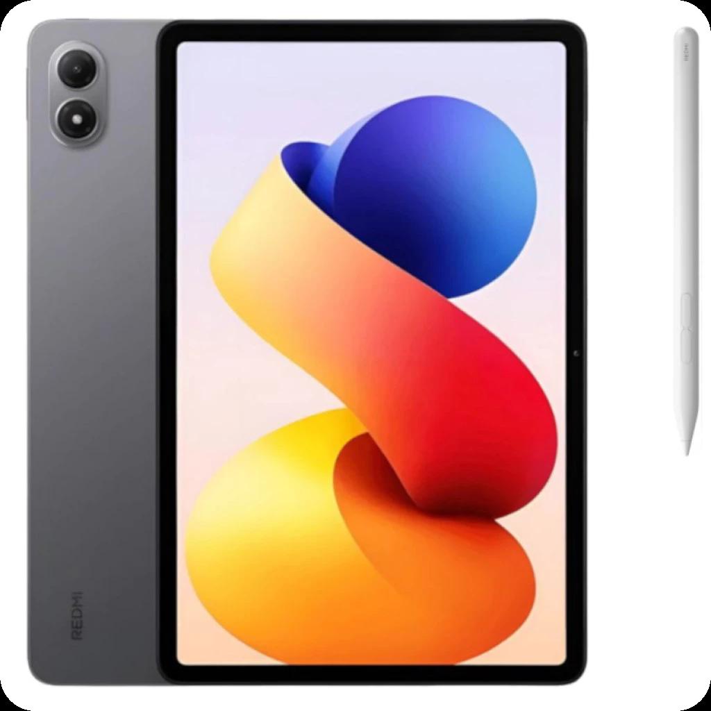 Tablet cinza Redmi Pad 2 Pro 12,1 pol com molduras finas, duas câmeras traseiras, tela ampla colorida e caneta Redmi Smart Pen Graphite ao lado