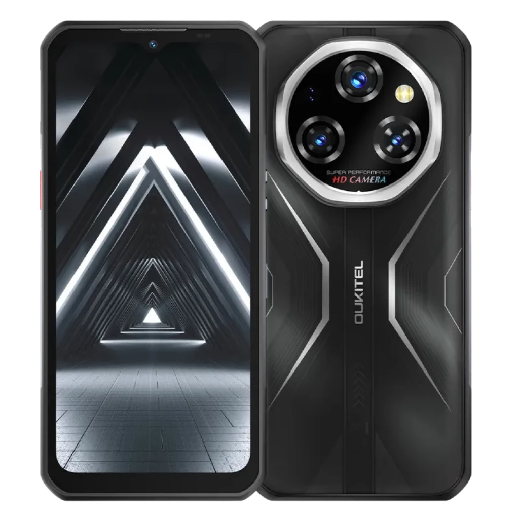 Smartphone robusto negro con pantalla completa y módulo trasero circular de triple cámara y flash, diseño X texturizado y laterales con botones rojos