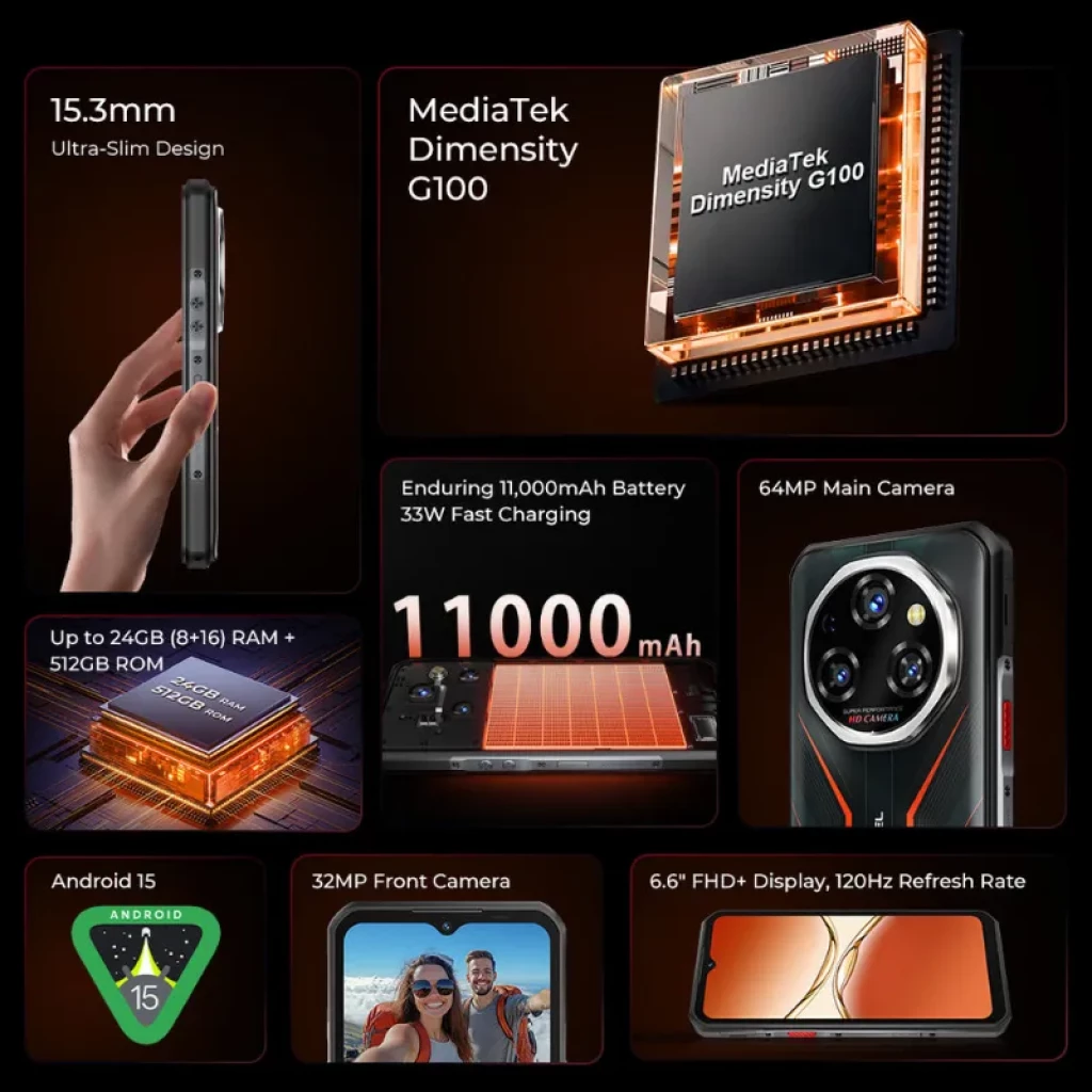 Oukitel WP55S negro resistente 5G con pantalla 6.6 FHD+ 120 Hz, cámara trasera 64 MP, frontal 32 MP, grosor 15.3 mm, batería 11000 mAh y carga 33 W