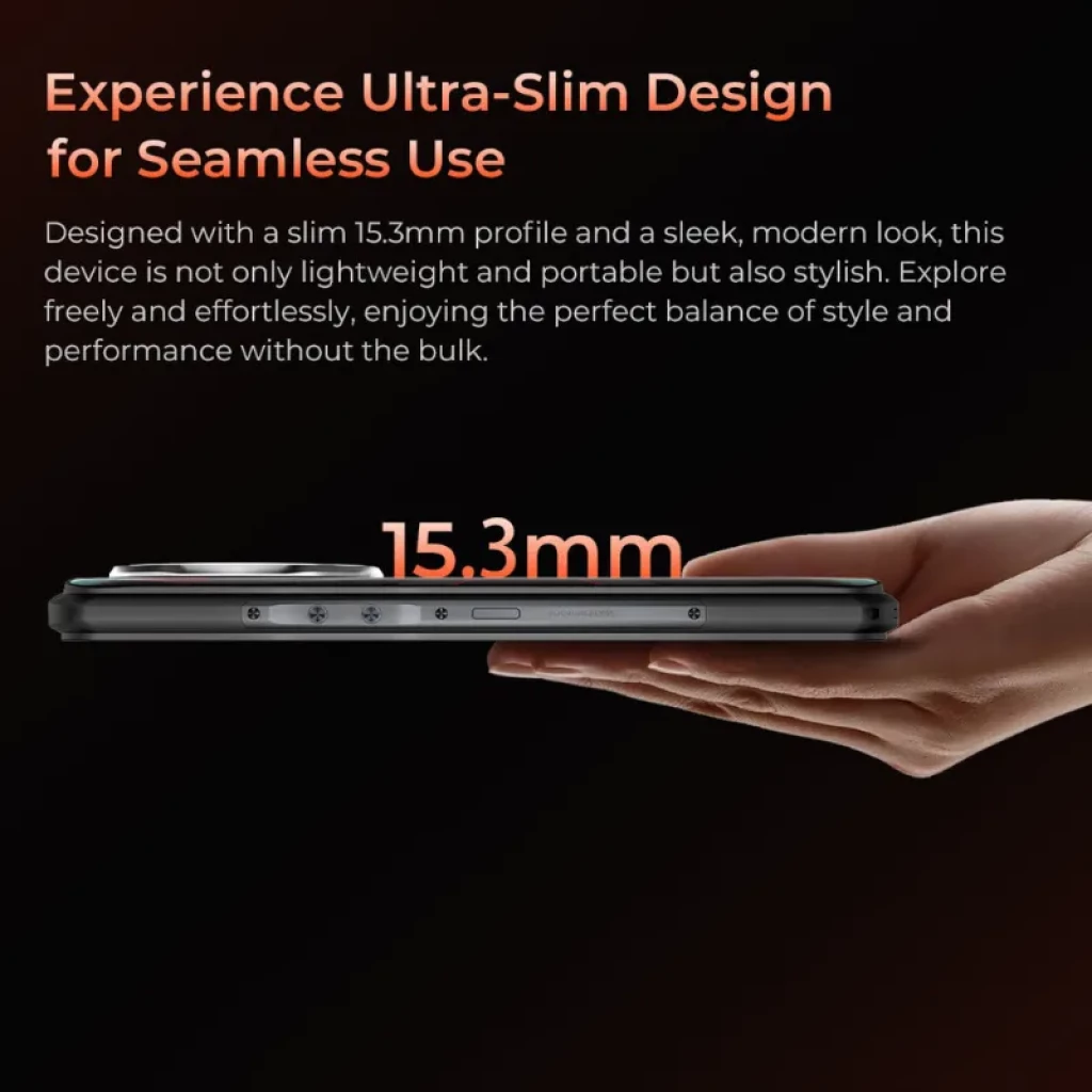 Oukitel WP55S negro ultradelgado de 15.3 mm, cuerpo resistente y elegante sostenido en mano, perfilería metálica y módulo de cámara trasera destacada