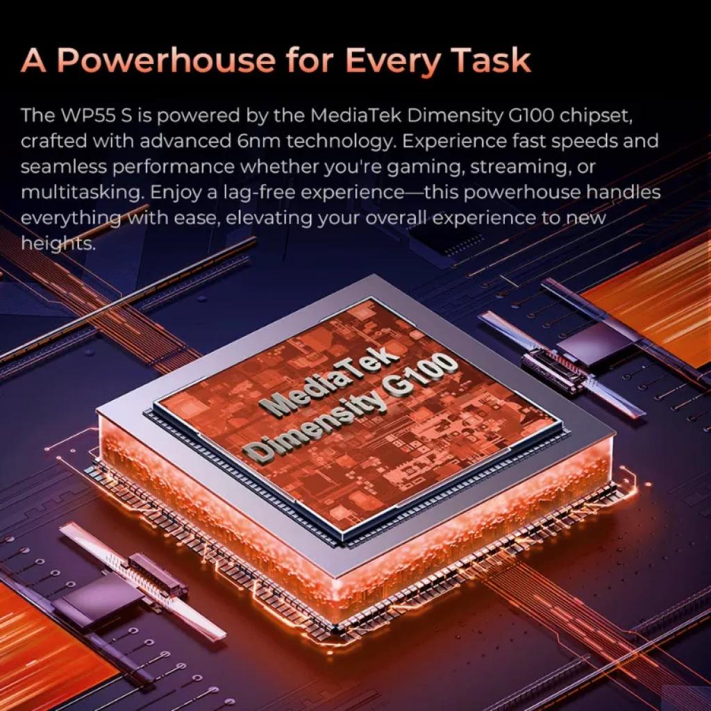 Chip MediaTek Dimensity G100 en placa electrónica, diseño 6 nm con iluminación naranja, pines visibles y pistas detalladas, potencia para 5G y multitarea