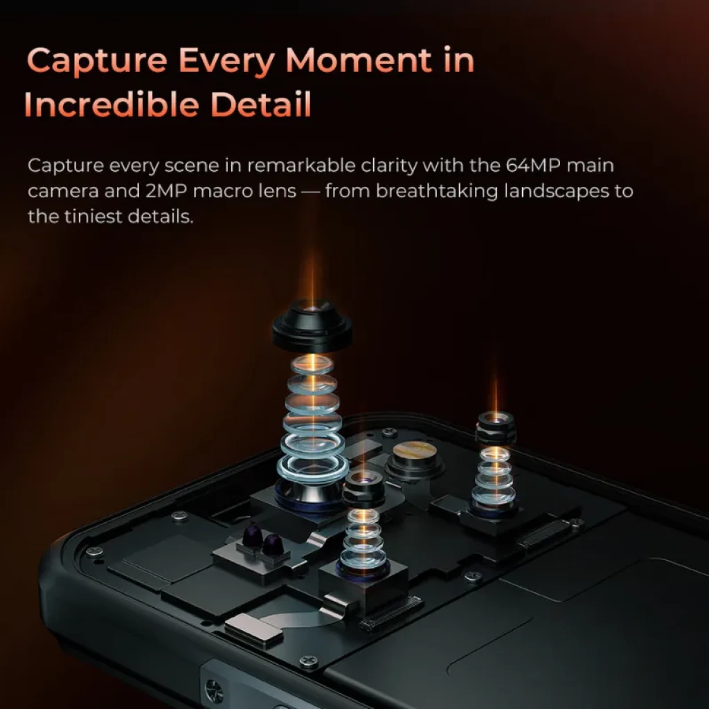 Módulo de cámara trasera del Oukitel WP55S negro con lentes apiladas, sensor principal 64 MP y lente macro 2 MP, diseño robusto y detalles metálicos
