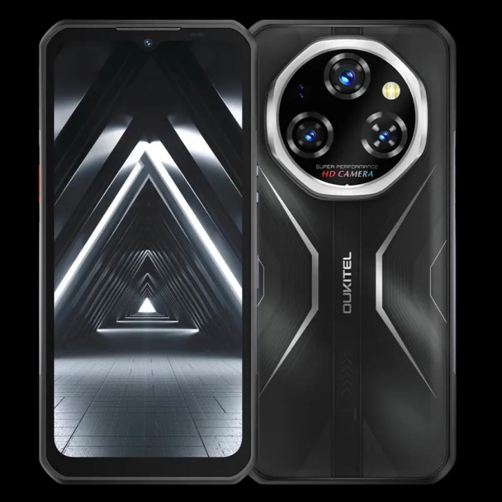 Smartphone robusto negro con pantalla completa y módulo trasero circular de triple cámara y flash, diseño X texturizado y laterales con botones rojos