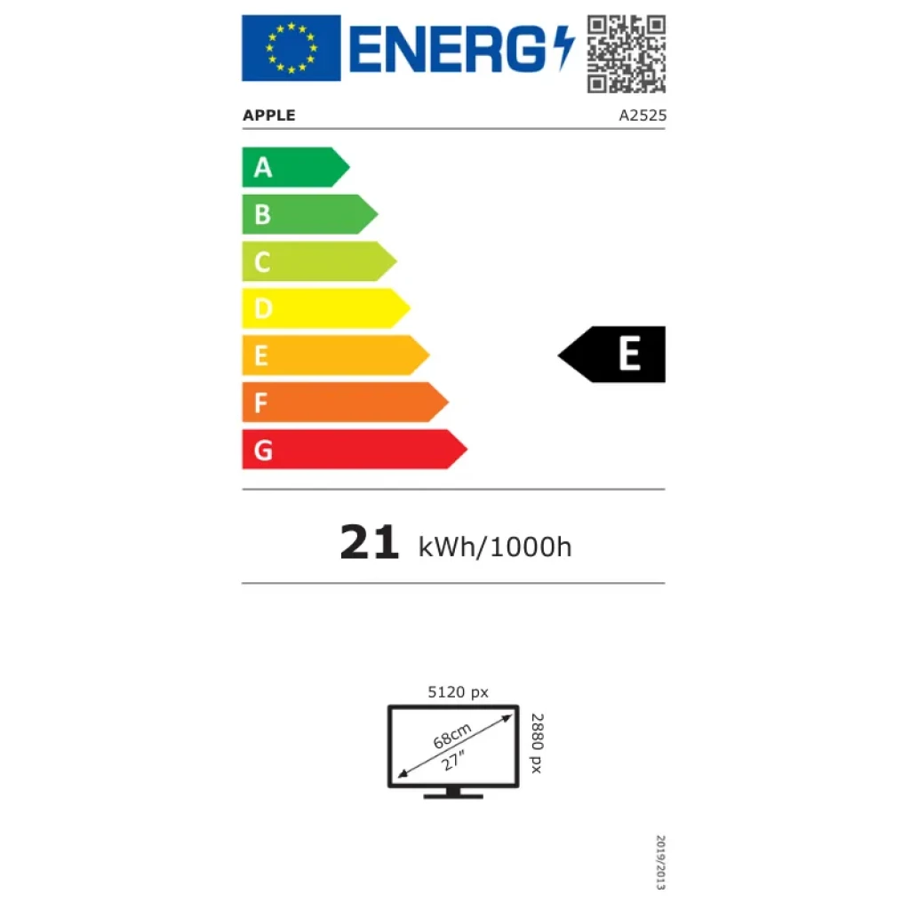 Etiqueta energética UE para Apple Studio Display 27 5K: clase E, consumo 21 kWh/1000h, resolución 5120x2880, diagonal 68 cm, QR y código A2525 visibles