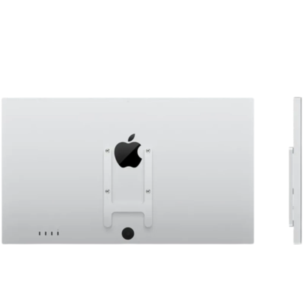 Trasera de Apple Studio Display 27 pulgadas con montaje VESA visible, acabado aluminio, ventilaciones inferiores y puertos laterales, diseño minimalista y