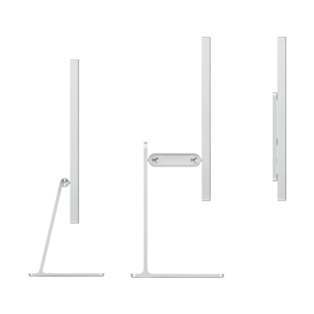 Soporte ajustable de Apple Studio Display en aluminio plateado, perfil delgado, mecanismo de inclinación visible y base estable para monitor de 27 pulgadas