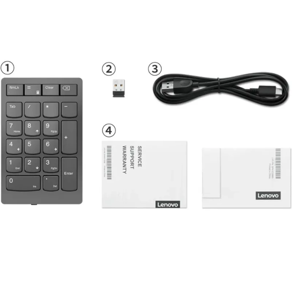 Lenovo Go 4Y41C33791 teclado numérico sem fios RF com teclas grandes, tecla Enter ampla, dongle USB, cabo USB-A e manuais; bateria recarregável