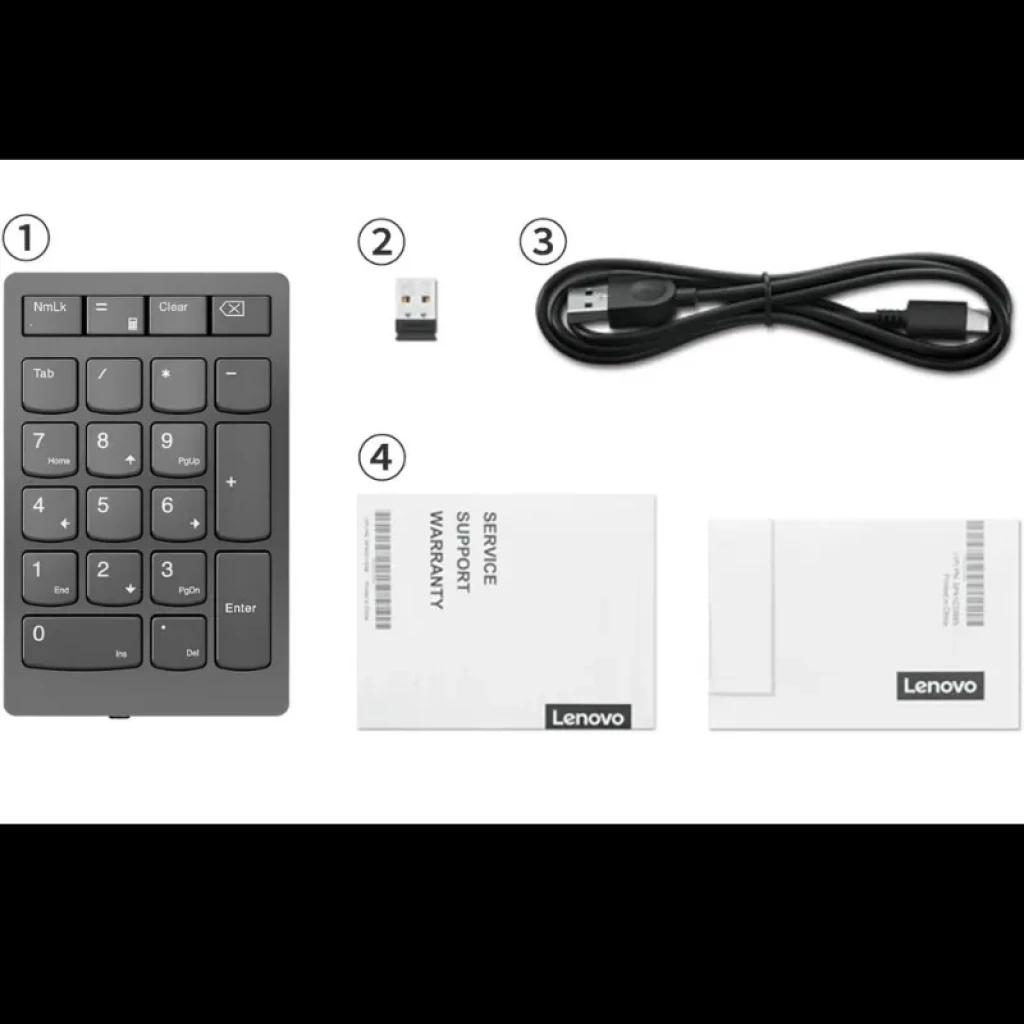 Lenovo Go 4Y41C33791 teclado numérico sem fios RF com teclas grandes, tecla Enter ampla, dongle USB, cabo USB-A e manuais; bateria recarregável