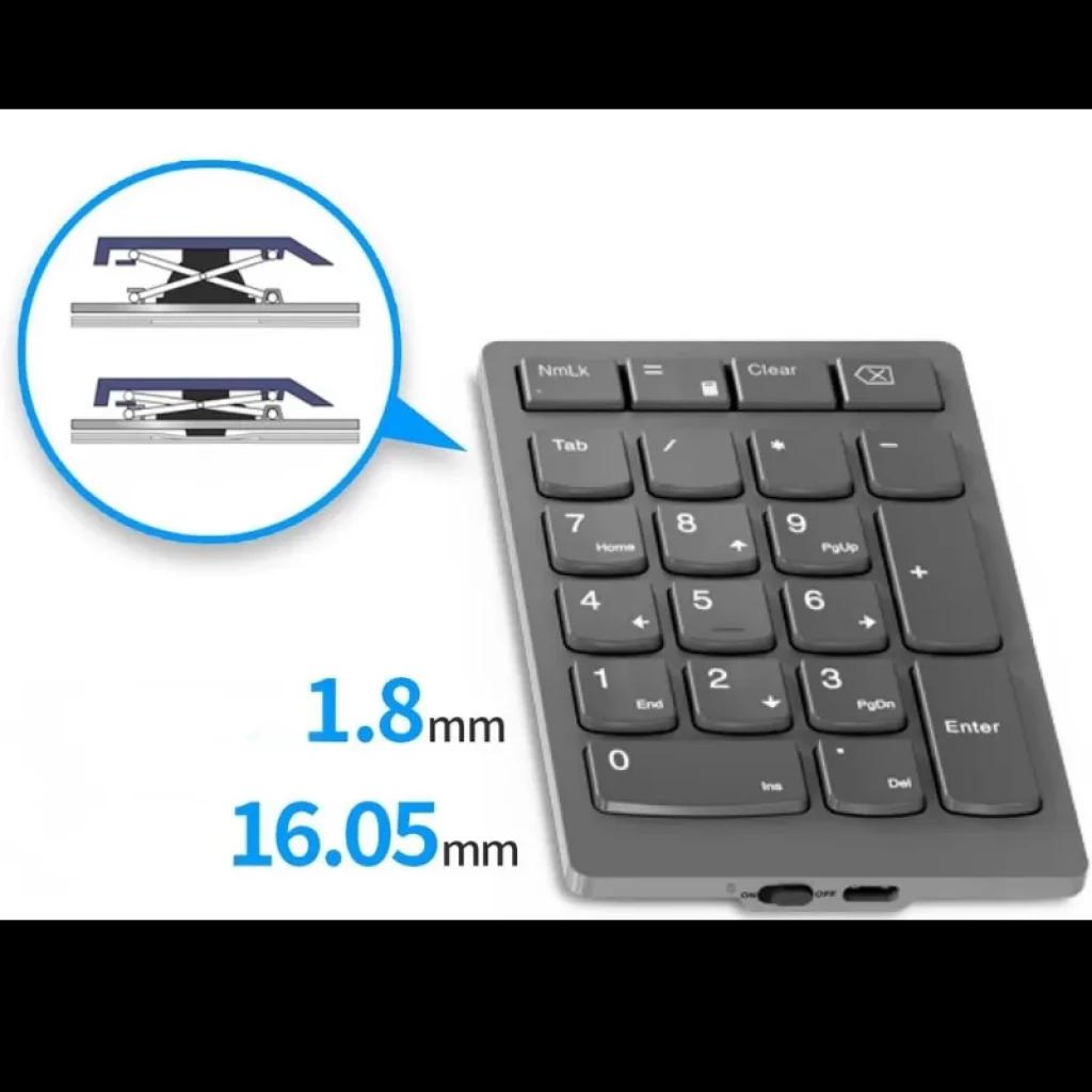 Lenovo Go 4Y41C33791 teclado numérico sem fios RF cinza, teclas grandes com Enter destacado, perfil fino 1,8 mm, porta USB-C e recarregável
