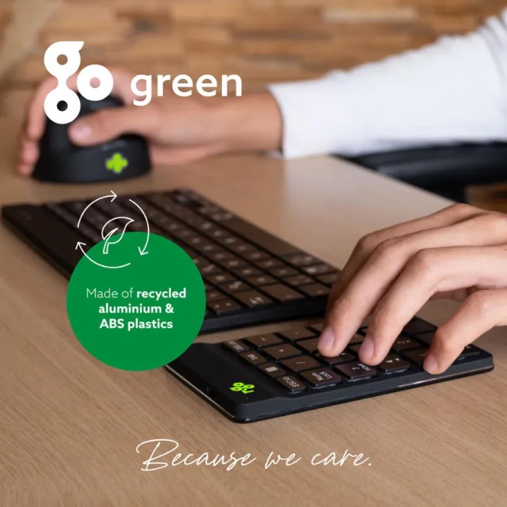 R-Go Tools Numpad Break inalámbrico Bluetooth, compacto y plano, teclas negras con iconos claros, indicador de pausa verde, acabado negro sostenible