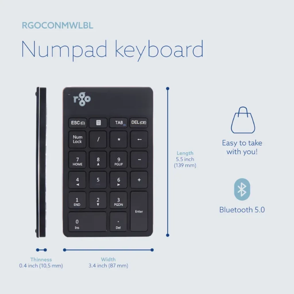 R-Go Tools Numpad Break compacto e inalámbrico por Bluetooth 5.0, teclas numéricas grandes, indicador de pausa, diseño delgado y portátil con flecha lateral