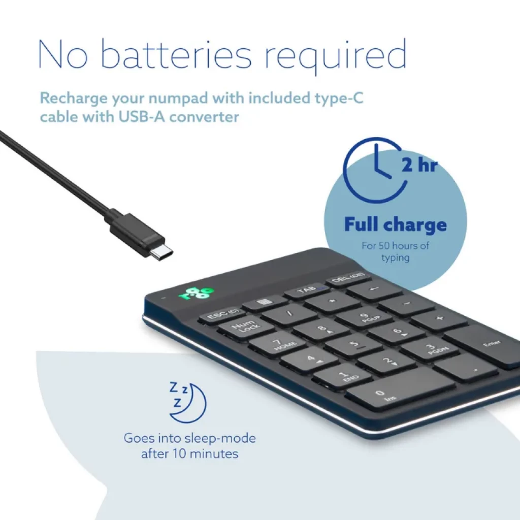 Teclado numérico compacto inalámbrico Bluetooth con indicador de pausa, batería recargable USB‑C, 2 h de carga para 50 h de uso y modo reposo tras 10 min