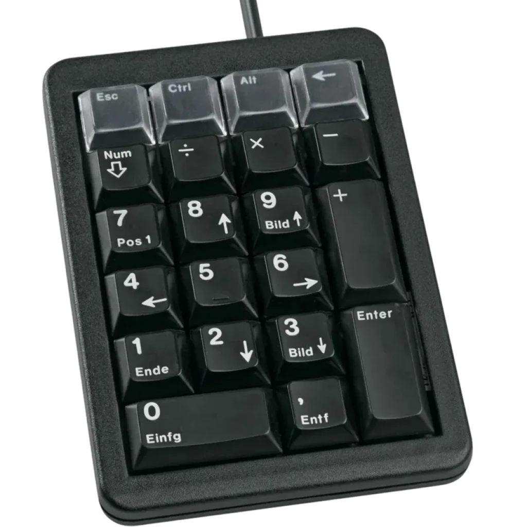 Cherry G84-4700 teclado numérico USB negro, compacto y programable, teclas mecánicas con leyendas en alemán, superficie mate y cable superior