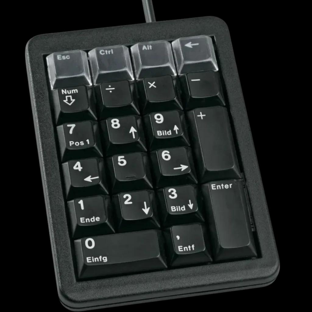 Cherry G84-4700 teclado numérico USB negro, compacto y programable, teclas mecánicas con leyendas en alemán, superficie mate y cable superior