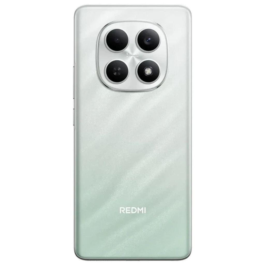 Xiaomi Redmi Note 15 4G verde com traseira perolada, módulo quadrado com quatro câmeras grandes, logotipo Redmi centralizado e acabamento brilhante elegante