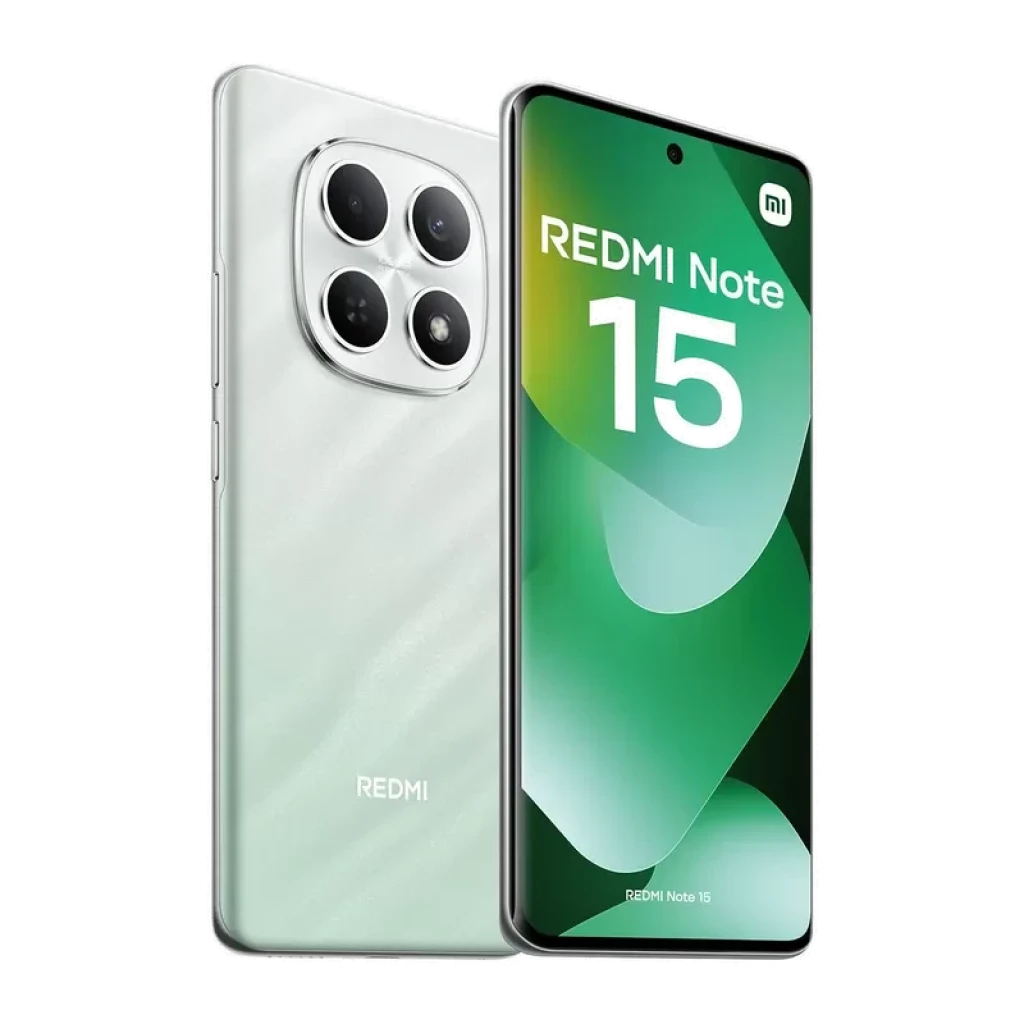 Xiaomi Redmi Note 15 verde com ecrã FullHD+ quase sem bordas, câmara traseira tripla com módulos grandes e acabamento brilhante ondulado