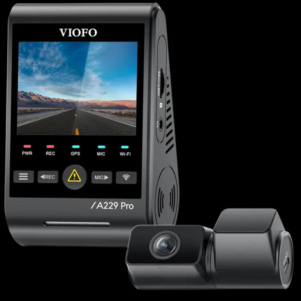 VIOFO A229 Pro Tele 4K + 2K con cámara frontal y módulo trasero, pantalla a color, botones iluminados, micrófono, WiFi y GPS integrados, sensor Sony STARVIS