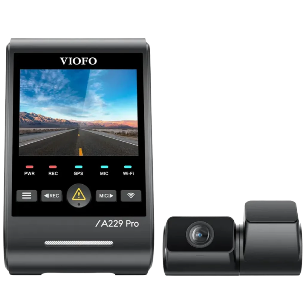 VIOFO A229 Pro Tele 4K + 2K con pantalla a color, botones frontales, LEDs de estado, módulo GPS y cámara secundaria compacta con lente gran angular