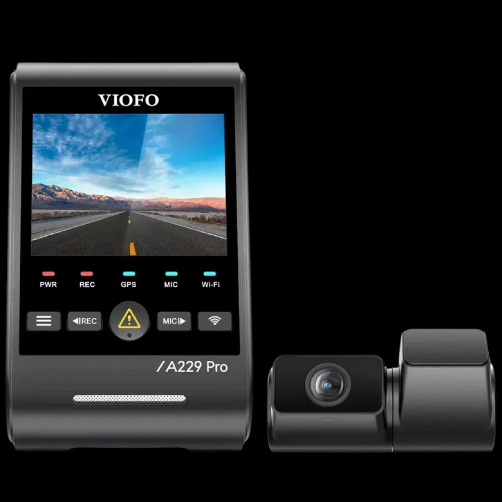 VIOFO A229 Pro Tele 4K + 2K con pantalla a color, botones frontales, LEDs de estado, módulo GPS y cámara secundaria compacta con lente gran angular