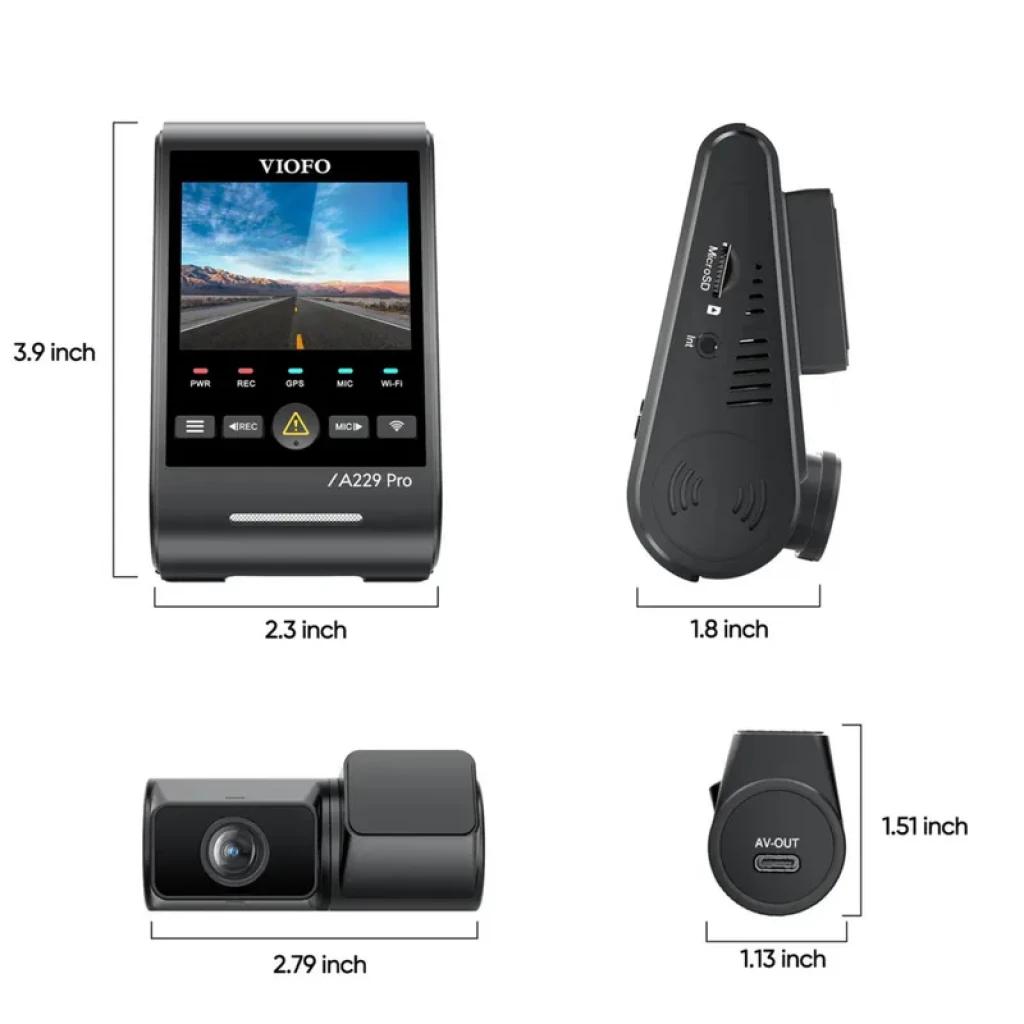 VIOFO A229 Pro Tele 4K + 2K con pantalla a color, módulo trasero compacto, WiFi, GPS, sensor Sony STARVIS 2 IMX678 8 MP y medidas detalladas en pulgadas