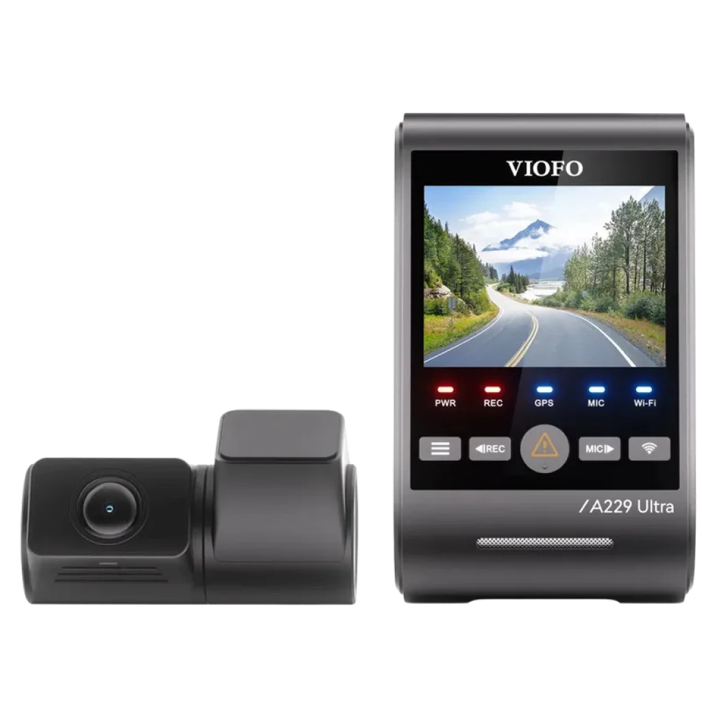 VIOFO A229 Ultra 2CH 4K Delantera + 4K Trasera - Dashcam con pantalla LCD 2,4 pulgadas, doble cámara, botones iluminados, diseño compacto en negro