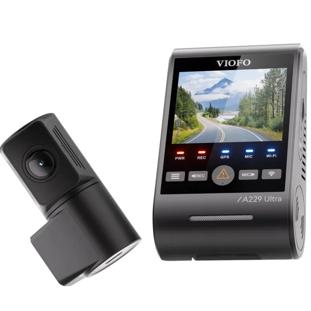 VIOFO A229 Ultra 2CH: dashcam 4K frontal y 4K trasera, pantalla LCD 2,4", indicadores LED, botones físicos, módulo trasero compacto con lente gran angular