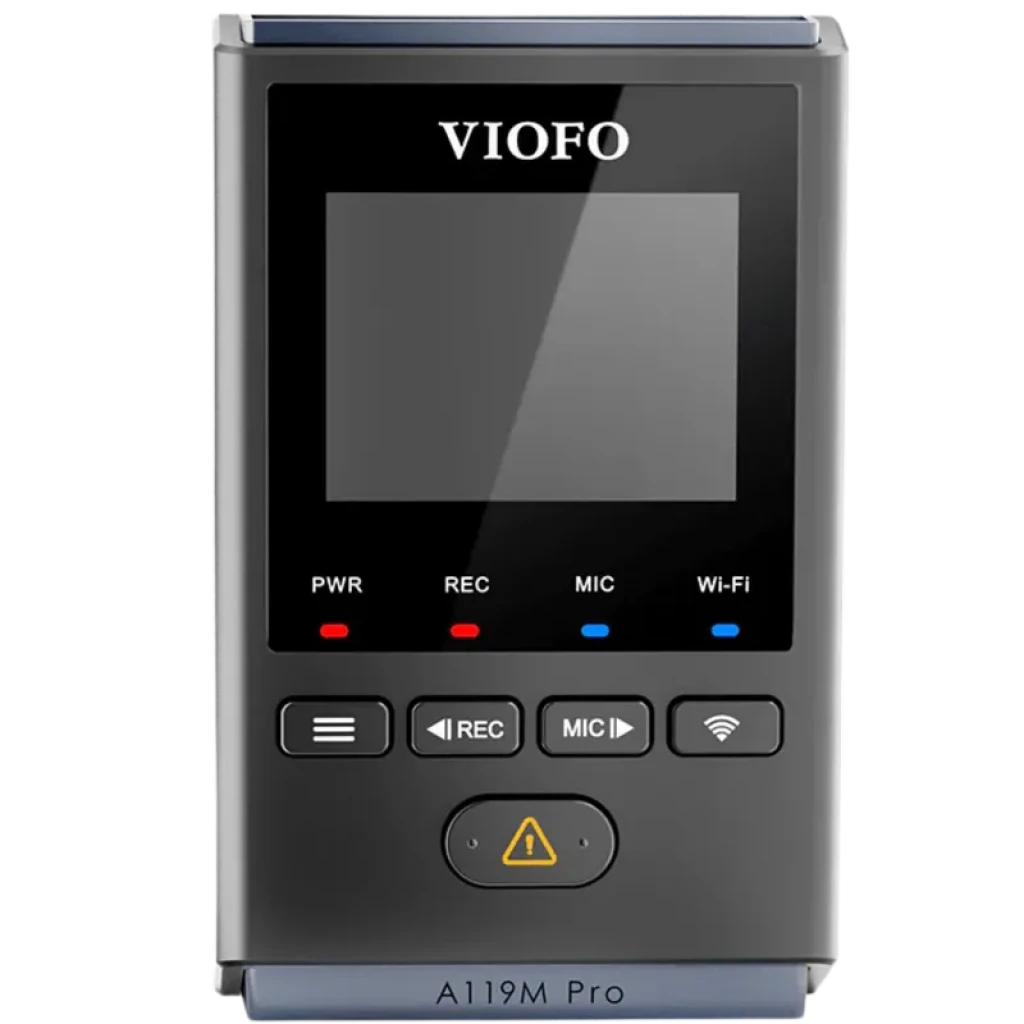 VIOFO A119M Pro 4K HDR Mini con pantalla frontal, botones REC y MIC, LEDs PWR REC MIC Wi-Fi 6 dual band, indicador de advertencia y diseño compacto en gris