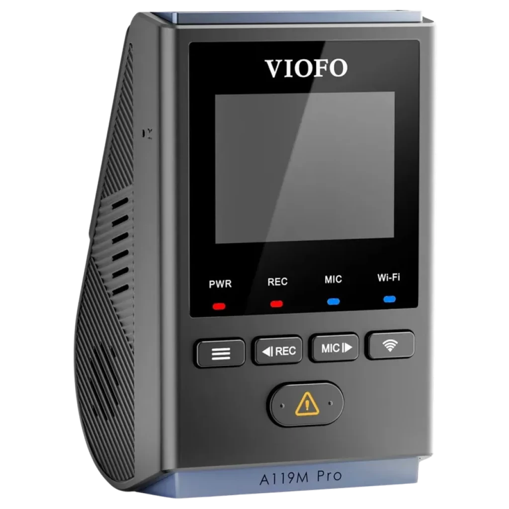 VIOFO A119M Pro 4K HDR Mini con pantalla frontal, botones REC y MIC, LEDs PWR REC MIC Wi-Fi, diseño compacto negro y ranuras de ventilación laterales