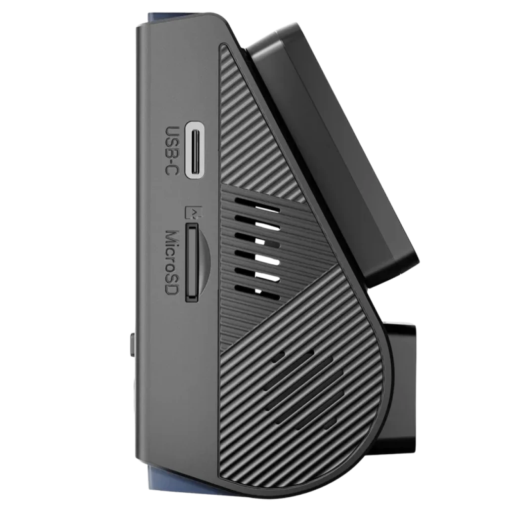 Lateral de VIOFO A119M Pro 4K HDR Mini con ranura MicroSD, puerto USB-C, rejillas de ventilación y diseño compacto para montaje en parabrisas