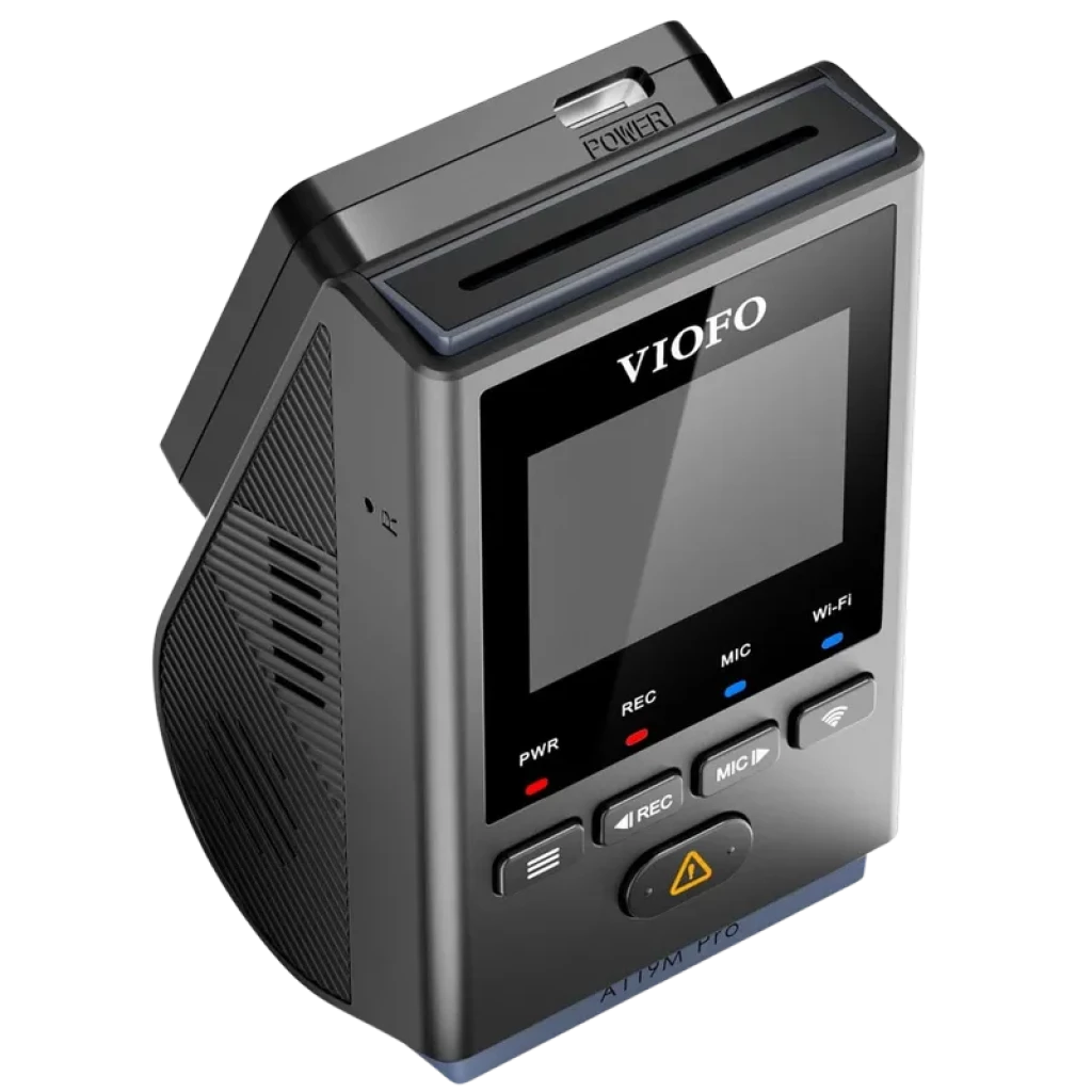 VIOFO A119M Pro 4K HDR Mini: dashcam compacta con pantalla, botones físicos, ranuras de ventilación, LED de estado y diseño angular para montaje en
