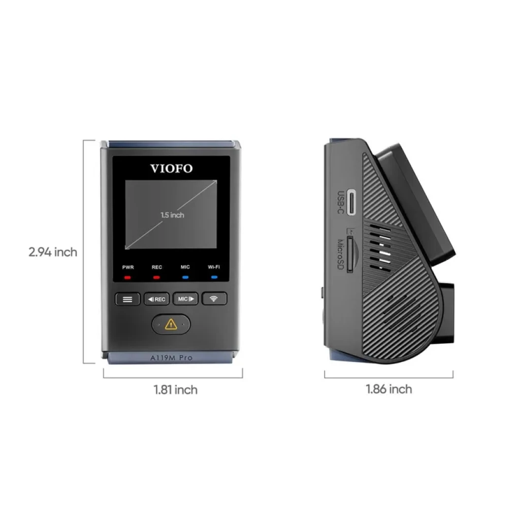 Cámara VIOFO A119M Pro 4K HDR compacta con pantalla 1.5 in, botones frontales, ranuras microSD y GPS, soporte adhesivo y diseño angular para parabrisas